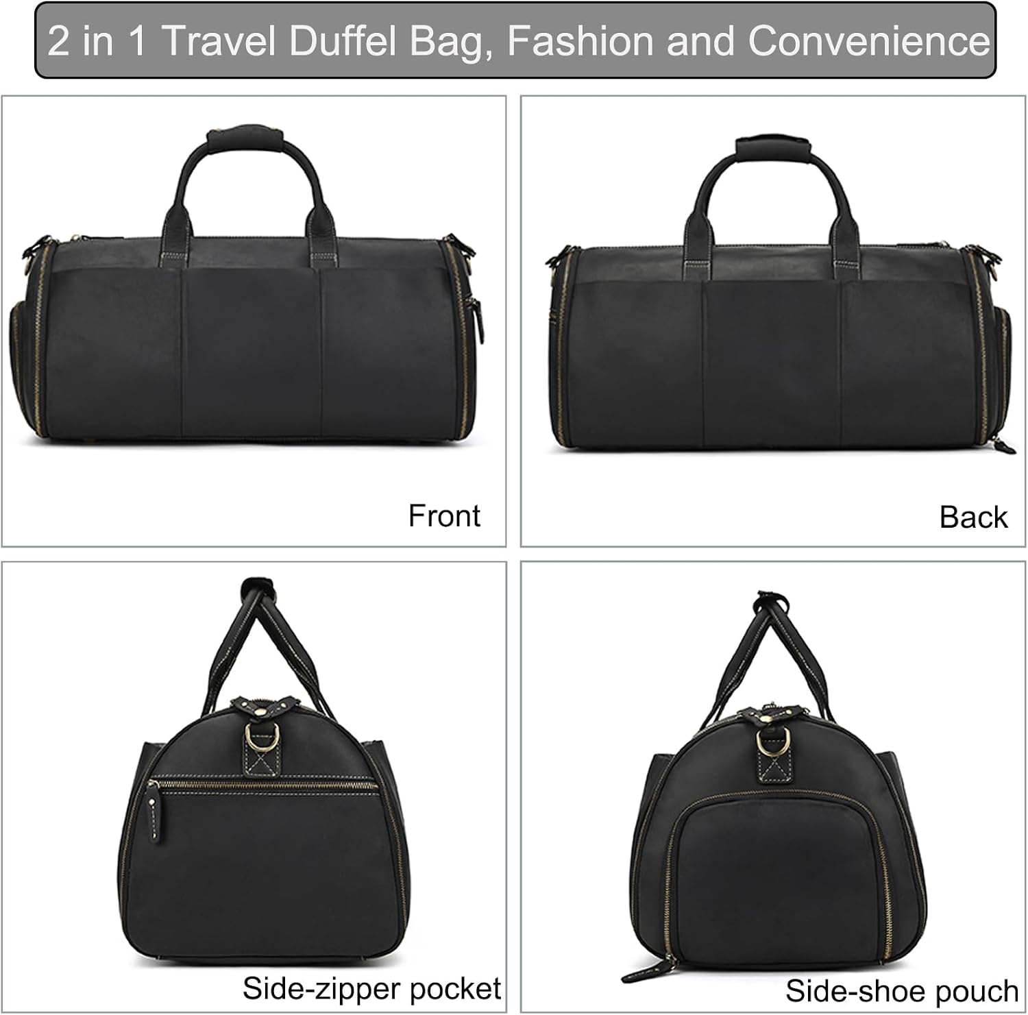 LUUFAN Full-grain Leather Garment Bag Large Capacity Travel Bag Business Suit Carrier Bag with Shoe Compartment, Overnight Gym Sports Duffel Bags for Men Women, Black