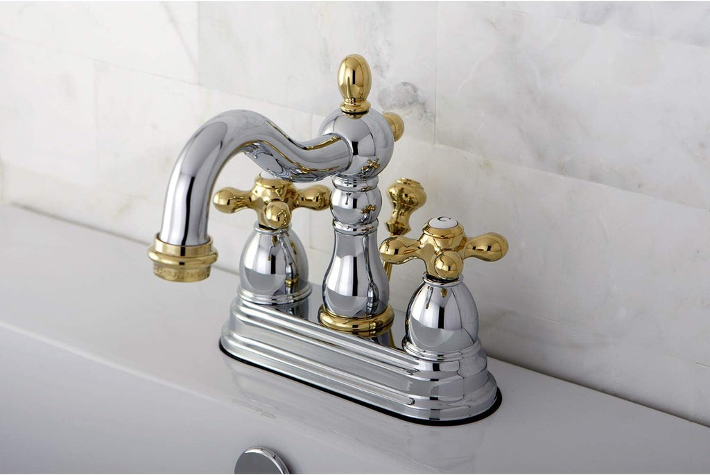 Kingston Brass KB1604AX Heritage 4' Centerset Lavatory Faucet with Metal Cross Handle, Chrome/Polished Brass