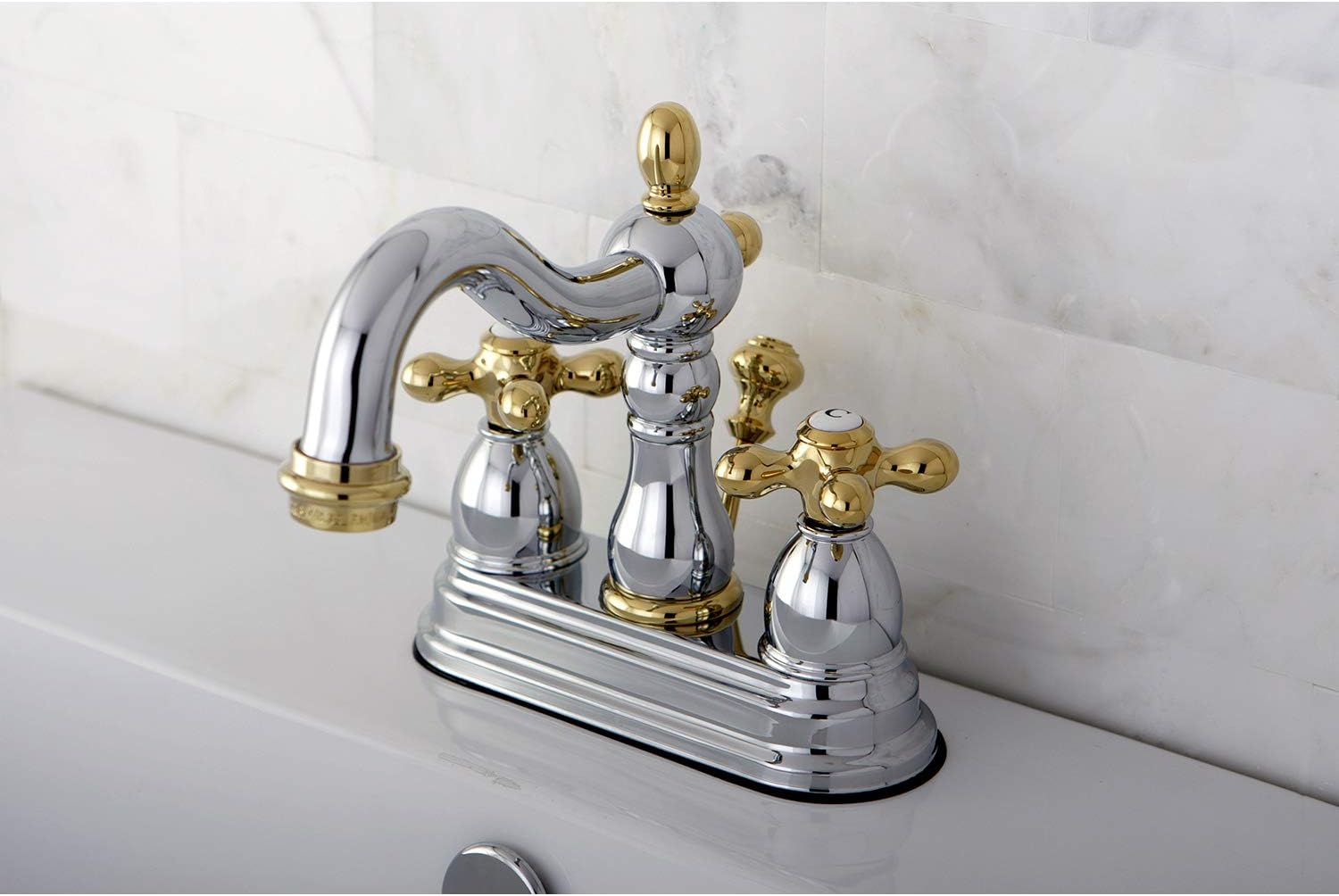 Kingston Brass KB1604AX Heritage 4' Centerset Lavatory Faucet with Metal Cross Handle, Chrome/Polished Brass