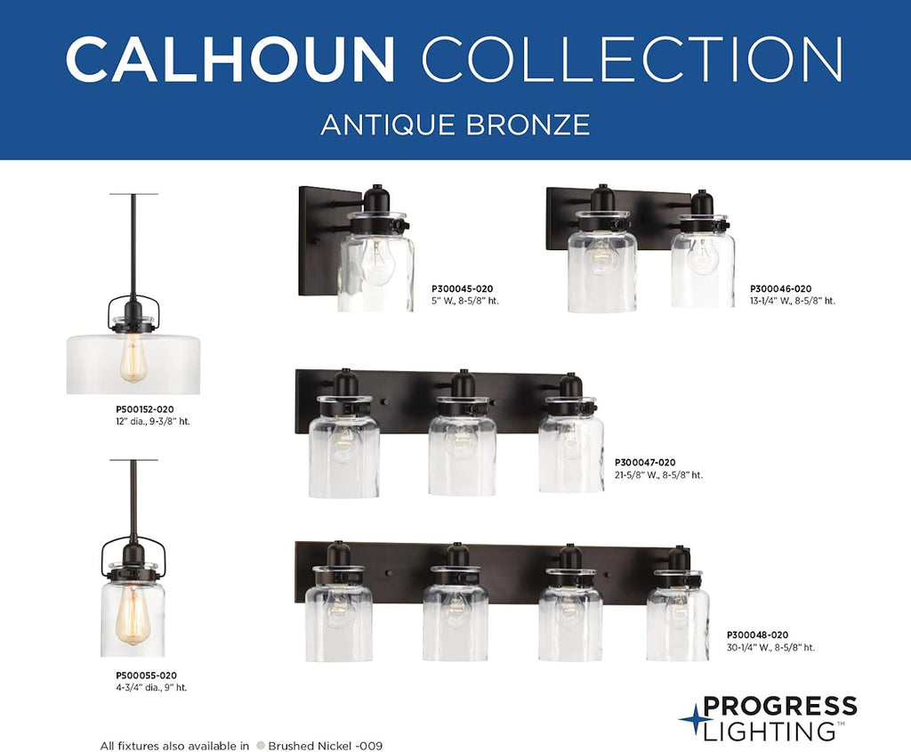 Progress Lighting P300046-020 Calhoun Collection Clear Glass Farmhouse Bath Vanity Light, 2-Light, Antique Bronze