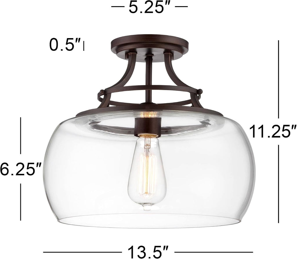 Franklin Iron Works Charleston Industrial Rustic Farmhouse Ceiling Light Semi Flush-Mount Fixture 13 1/2' Wide Bronze LED Clear Glass Shade for Bedroom Kitchen Living Room Hallway Dining Bathroom