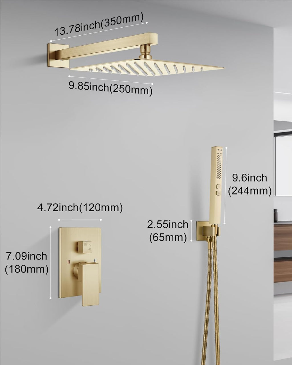 Shower Faucet Set Rainfall Shower System with Square Showerhead and Handle Set Fixture with 2 in 1 Function Handheld Sprayer Wall Mounted Trim Repair Kit Rough-in Valve 10 Inch Brushed Gold