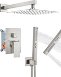 Shower Faucet Set Rainfall Shower System with Square Showerhead and Handle Set Fixture with 2 in 1 Function Handheld Sprayer Wall Mounted Trim Repair Kit Rough-in Valve 10 Inch Brushed Nickel