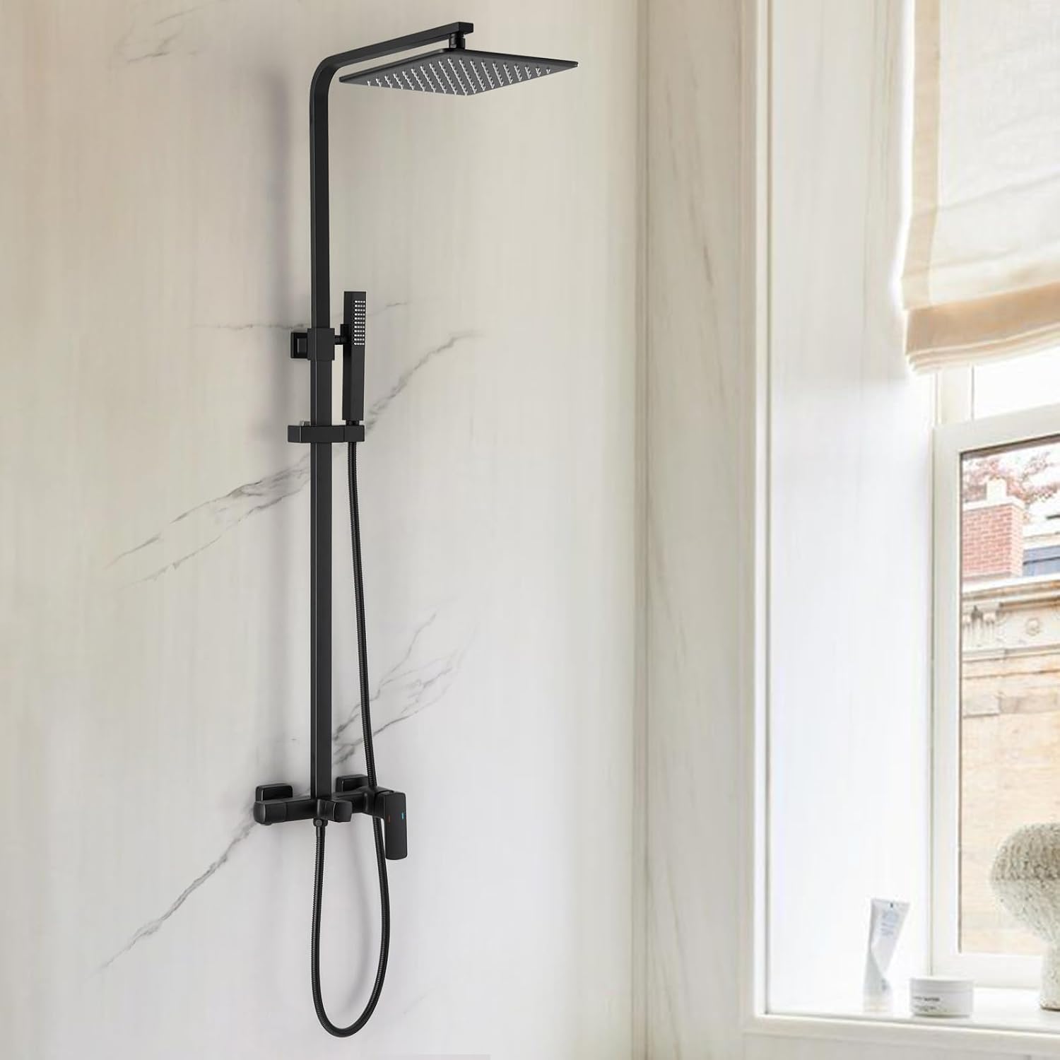 RBROHANT 3 Functions Exposed Shower System, Matte Black Exposed Shower Faucet Set, 10 Inch Rain Shower Head with Handheld and Tub Spout,Shower Height Adjustable, Wall Mounted