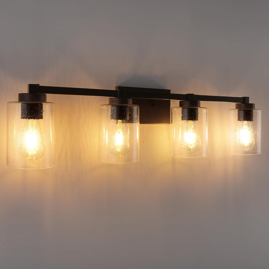 Beionxii Bathroom Vanity Lights, 4-Light Vintage Wall Sconce Light Fixtures, Oil Rubbed Bronze Finish with Clear Seeded Glass - MB9002 Series