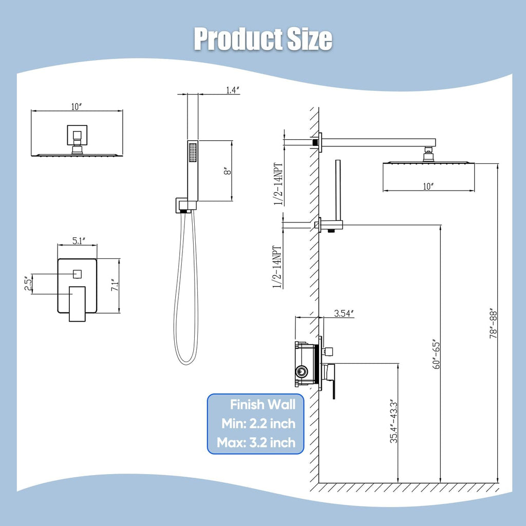 Gabrylly Shower System Brushed Nickel, Rain Shower head with handheld Shower Spray Combo, Rainfall Shower Faucet Set Complete, High Pressure 10' Stainless Steel Shower Valve Set