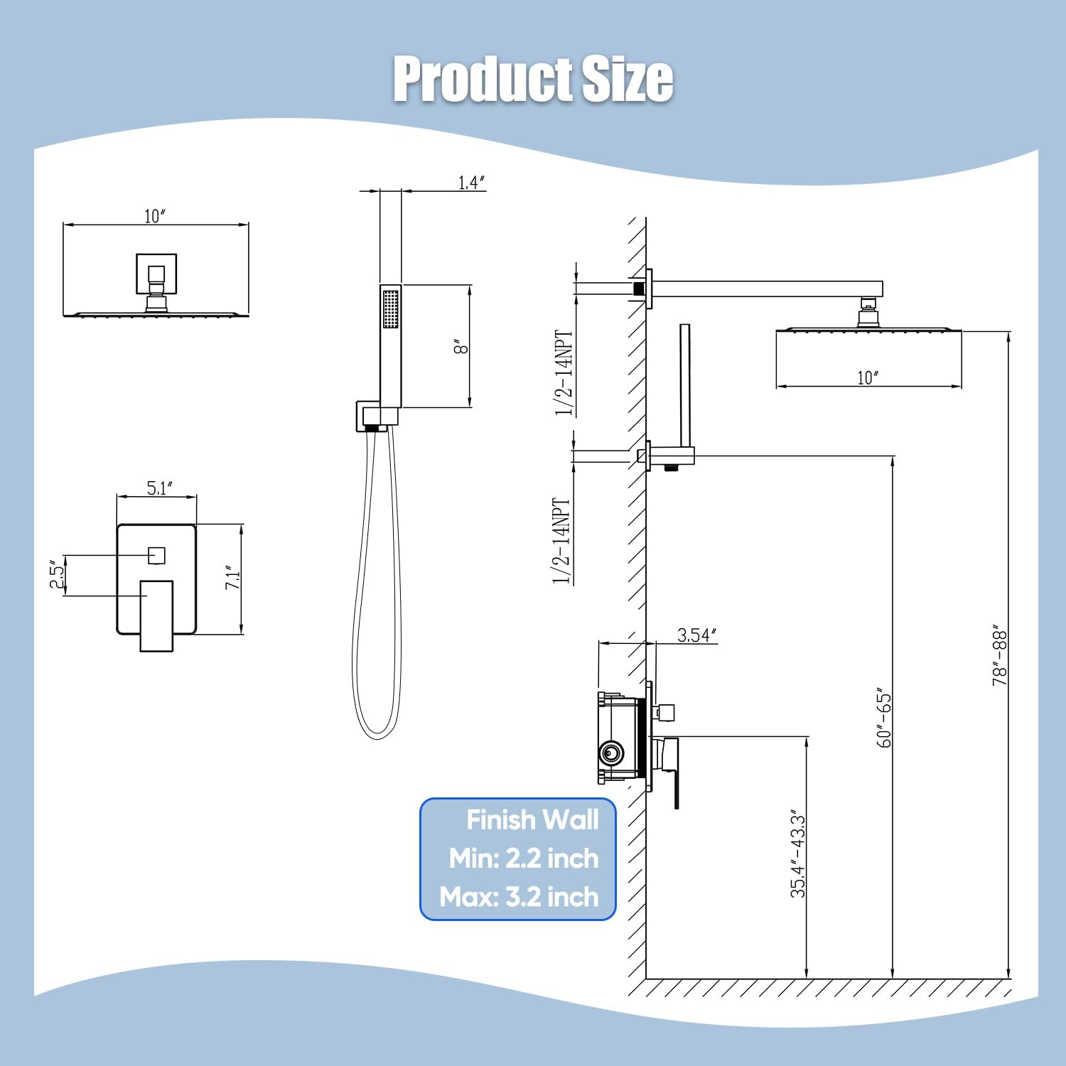 Gabrylly Shower System Brushed Nickel, Rain Shower head with handheld Shower Spray Combo, Rainfall Shower Faucet Set Complete, High Pressure 10' Stainless Steel Shower Valve Set