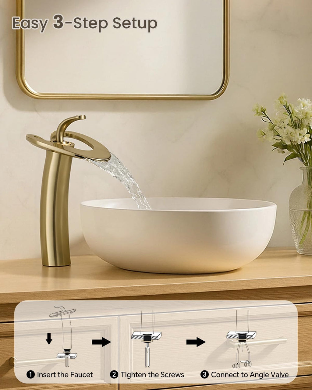 Tall Brushed Gold Waterfall Unique Bathroom Faucets, Single Lever 1 Hole Vessel Sink Faucets for Bathroom Vanity, Hot Cold Mixer Tap with Supply Hoses and Pop up Drain, llaves para lavamanos de baño