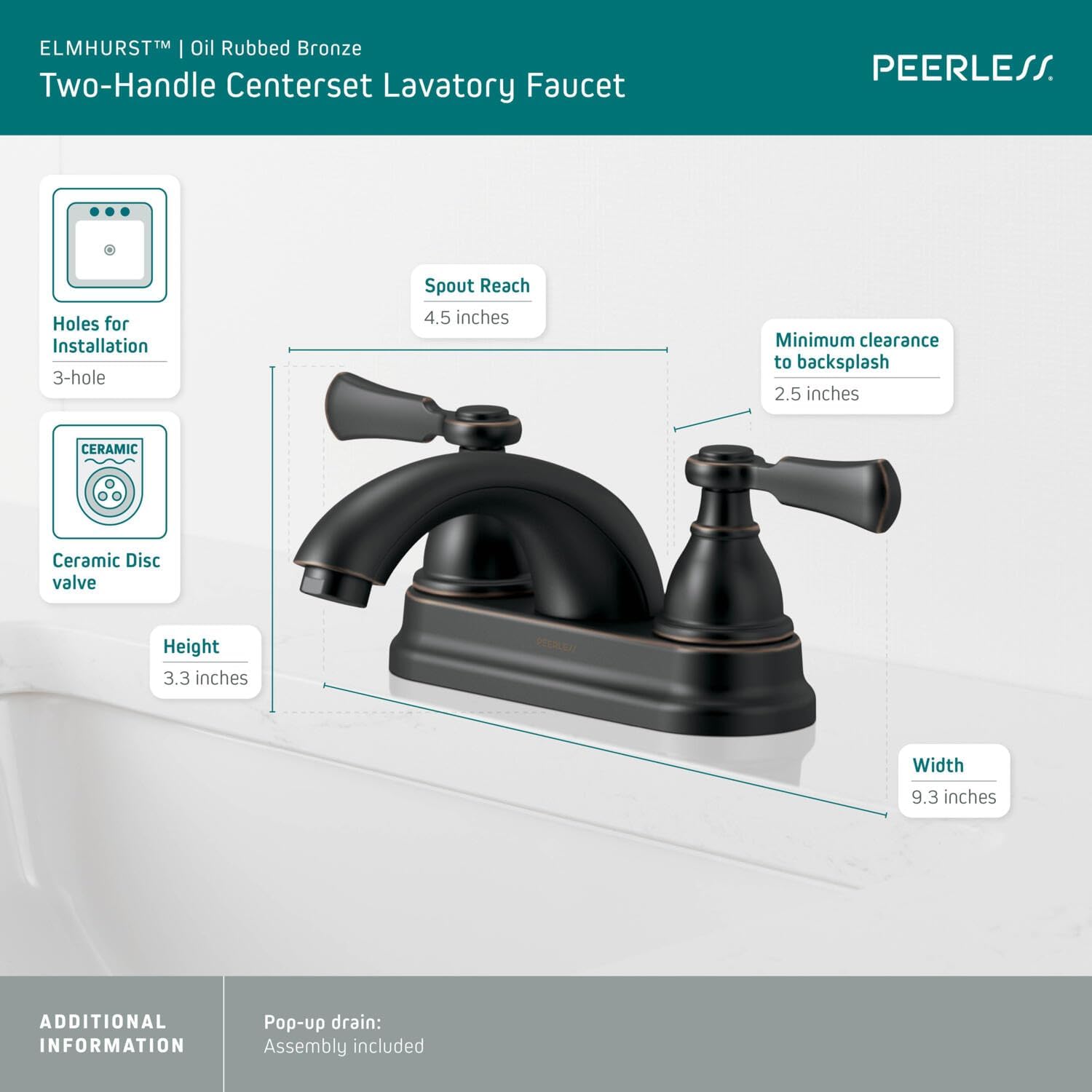 Peerless P2465LF-OB Elmhurst Two-Handle Bath Faucet Centerset, Oil Rubbed Bronze