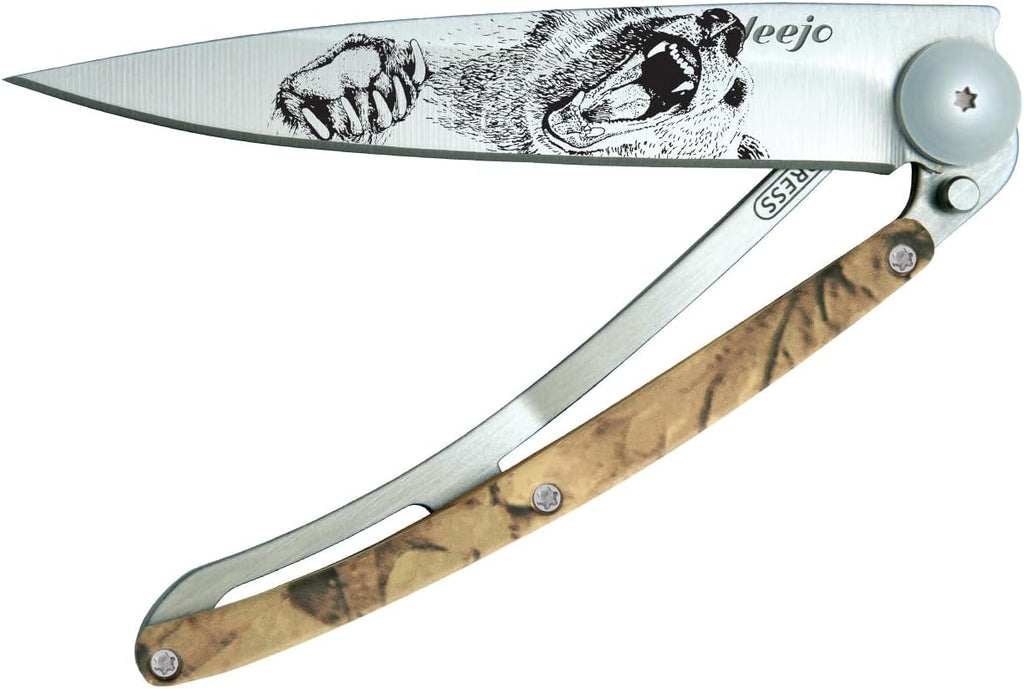deejo - 37G Folding Pocket Knife with Belt Clip - Grizzly Design, 3.7-Inch Stainless Steel Blade, Brown Camo Handle - Lightweight Everyday Carry for Home, Work, and Outdoor Use