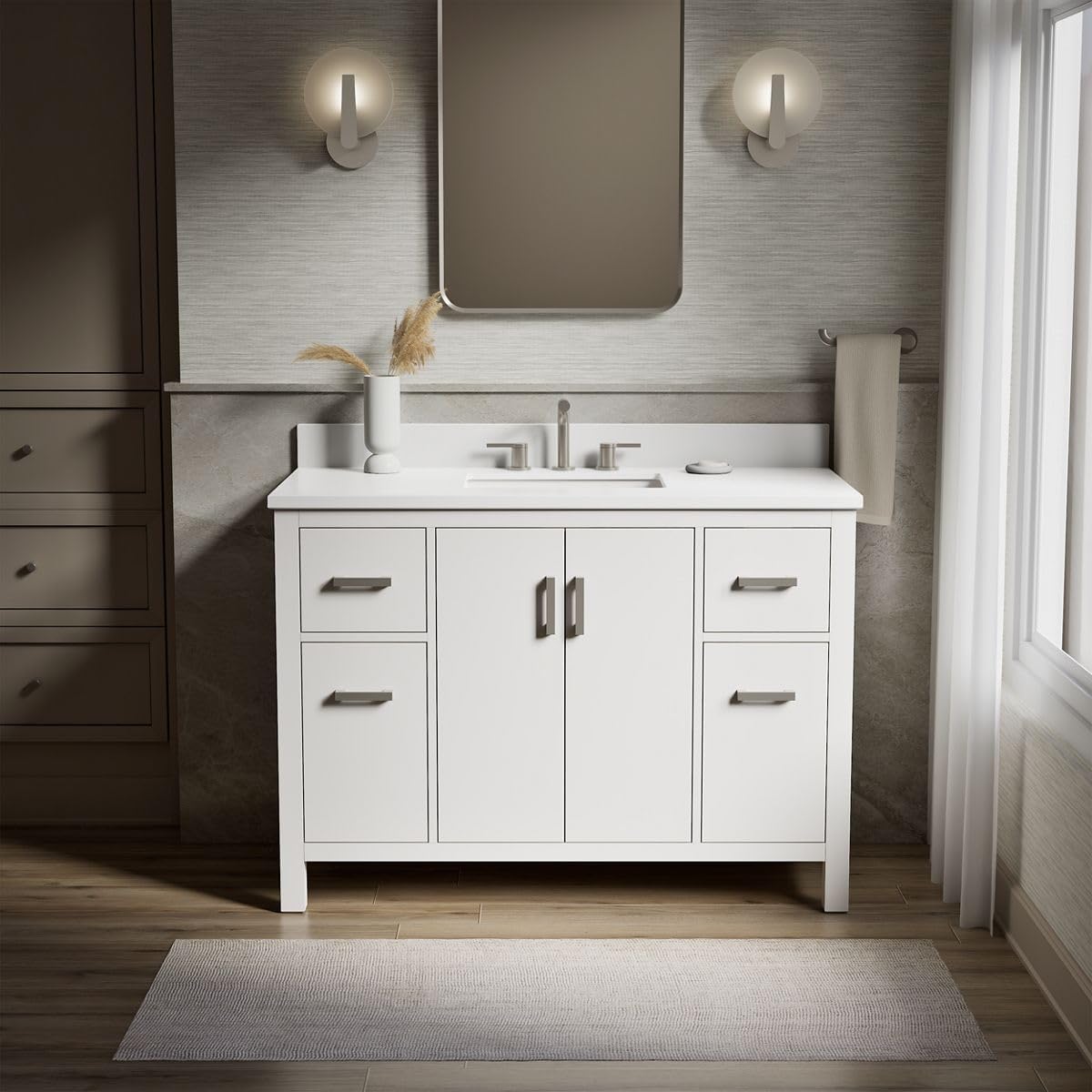 Kohler Kresla 48 Inch Bathroom Vanity Cabinet with White Single Sink and Quartz Top, Modern Bathroom Storage, White