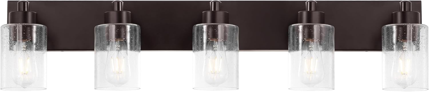 JONATHAN Y 36' Oil Rubbed Bronze/Clear 5-Light Modern LED Vanity Light for Bathroom Mirror, Mid-Century Wall Sconce with Clear Seeded Glass Shades, Contemporary Iron Fixture, LED Bulbs (JYL7620E)