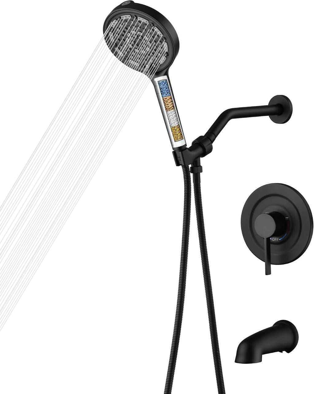 SUMERAIN Matte Black Shower System with Tub Spout, Modern Tub Shower Faucet with 6-Spray Filtered Handheld Shower Head