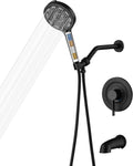 SUMERAIN Matte Black Shower System with Tub Spout, Modern Tub Shower Faucet with 6-Spray Filtered Handheld Shower Head