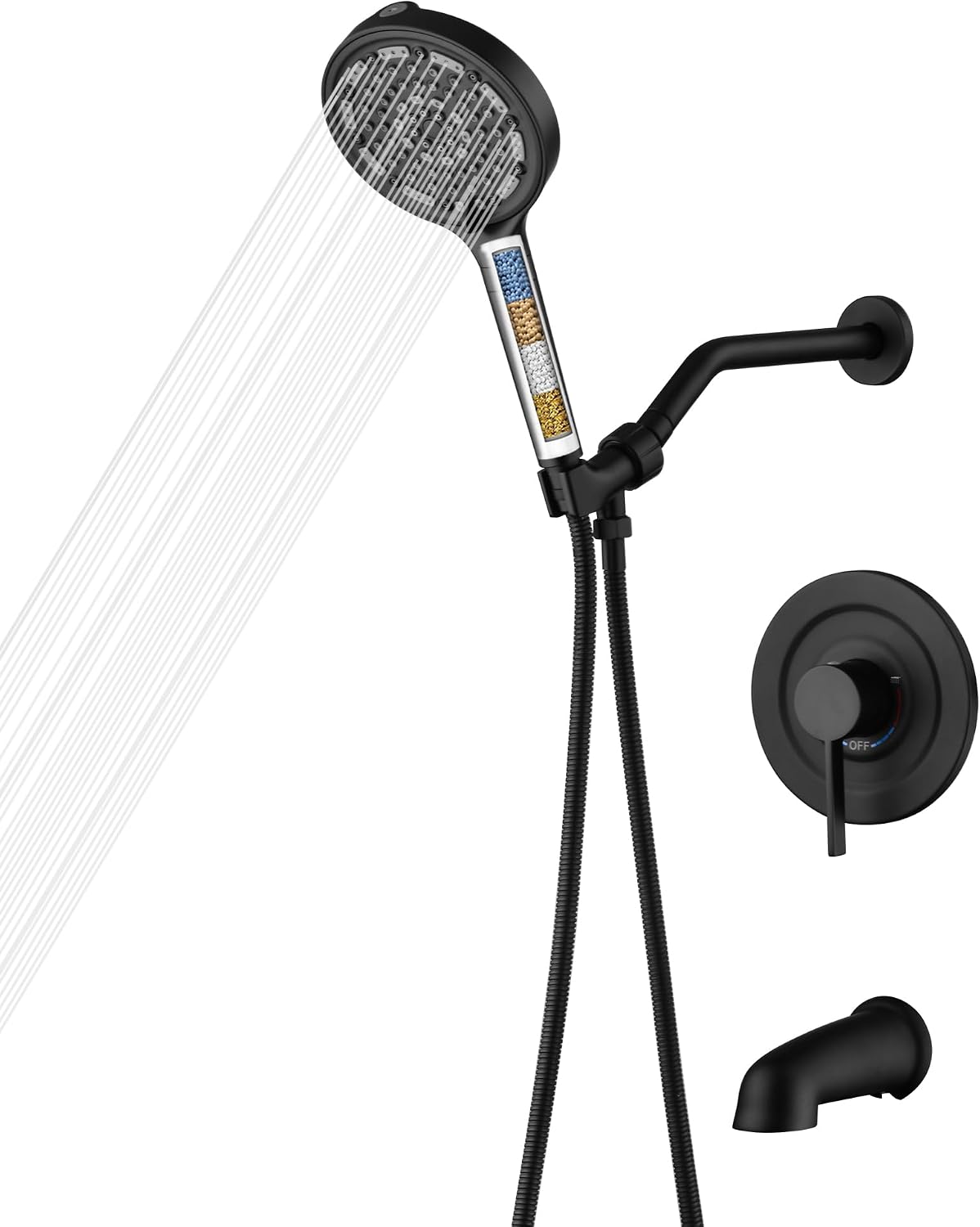 SUMERAIN Matte Black Shower System with Tub Spout, Modern Tub Shower Faucet with 6-Spray Filtered Handheld Shower Head