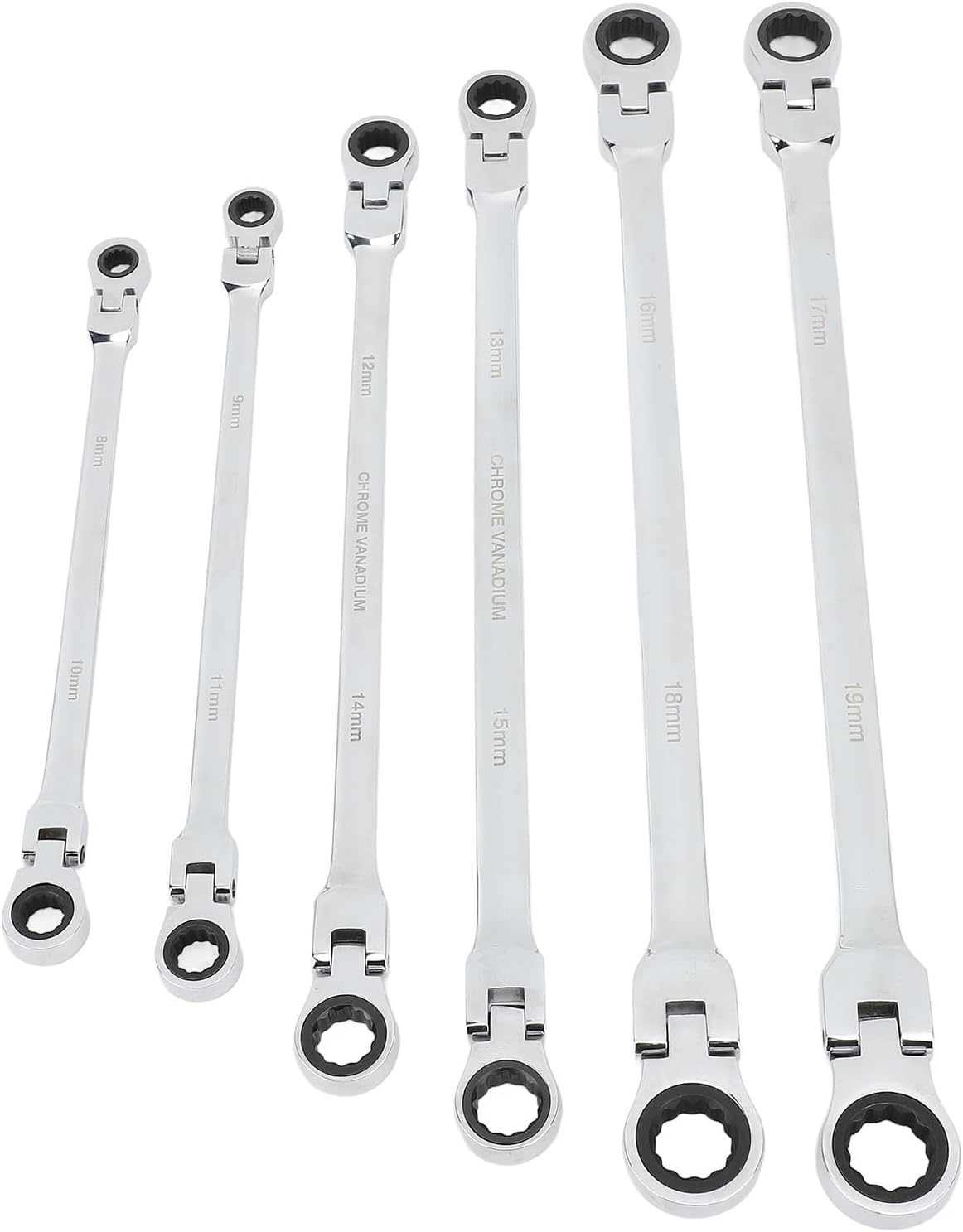 Qiilu 6pcs Flex Head Ratcheting Wrench Set, Metric 8-19mm CRV Steel, Extra Long Double Box End Ratchet Wrench for Repair, Greater Leverage and Easy in Tight Spaces, Efficient