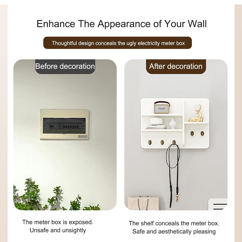 Decorative Fuse Box Covers, Hide Electrical Panel Decoration Wall Mounted, Wooden with Shelf & Hooks, Adapts to Different Interior Decoration Styles(White 2,50 * 40cm/20 * 16in)