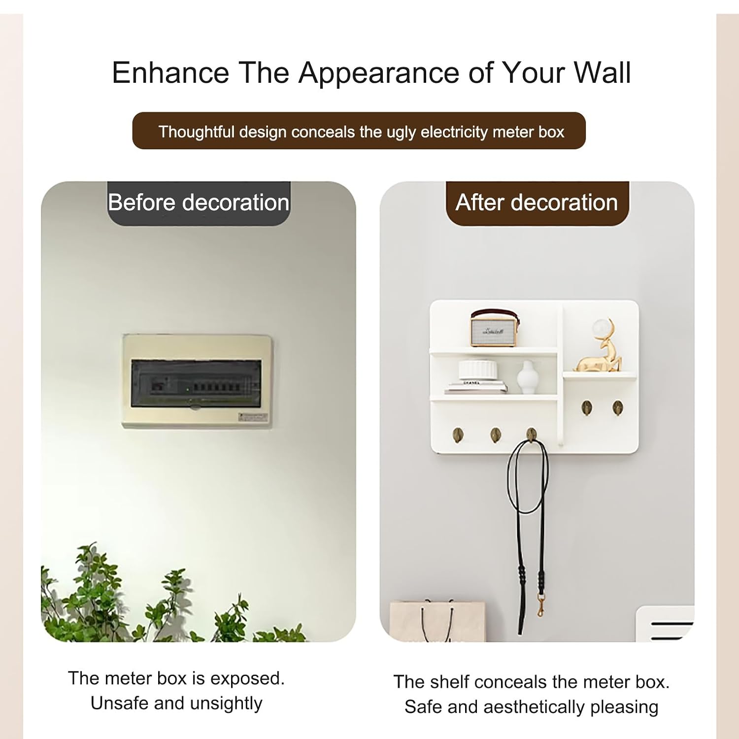Decorative Fuse Box Covers, Hide Electrical Panel Decoration Wall Mounted, Wooden with Shelf & Hooks, Adapts to Different Interior Decoration Styles(White 2,50 * 40cm/20 * 16in)