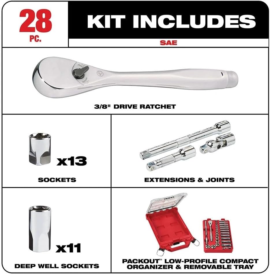 4822-9481 3/8' Ratchet SAE Mechanics Tool Set w/Packout Case - 28pc For Milwaukee 4822-9481 3/8' Ratchet SAE Mechanics Tool Set w/Packout Case - 28pc