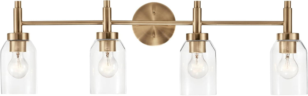 Kichler Madden 4-Light Bathroom Vanity Light Fixture with Clear Glass Shades in Champagne Bronze, Modern Wall Mount for Single or Double Vanity Over Mirror (10.5' x 34'), 55186CPZ