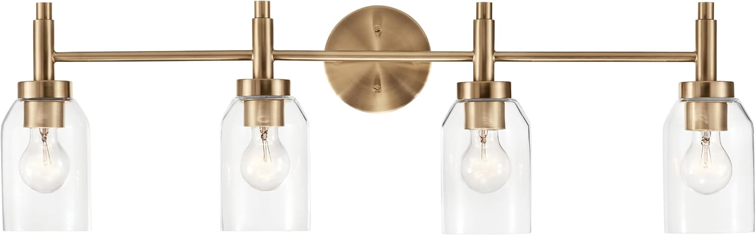 Kichler Madden 4-Light Bathroom Vanity Light Fixture with Clear Glass Shades in Champagne Bronze, Modern Wall Mount for Single or Double Vanity Over Mirror (10.5' x 34'), 55186CPZ