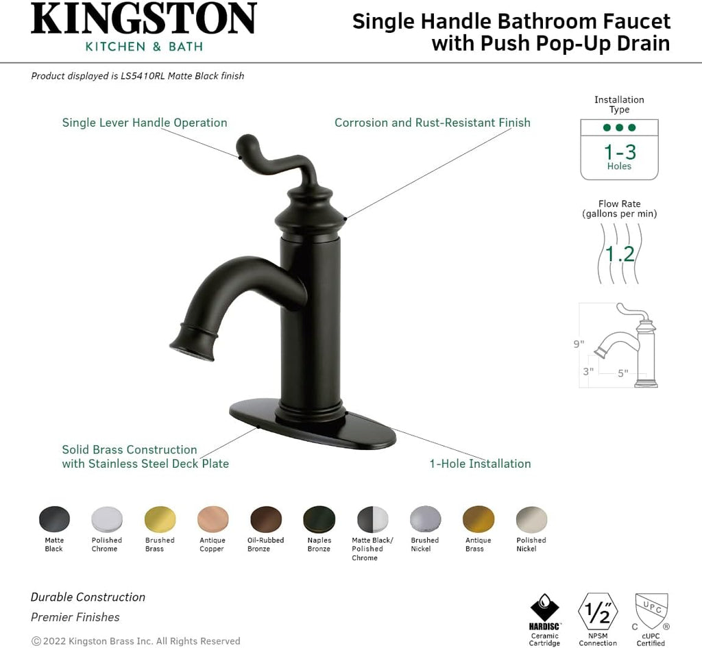 Fauceture LS5411RL Royale Single-Handle Bathroom Faucet with Push Pop-Up, Polished Chrome