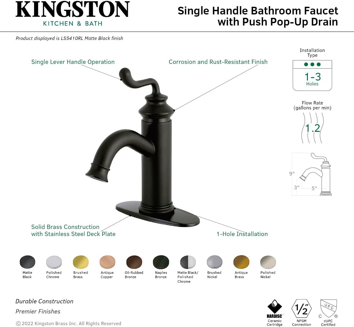 Fauceture LS5416RL Royale Single-Handle Bathroom Faucet with Push Pop-Up, Naples Bronze