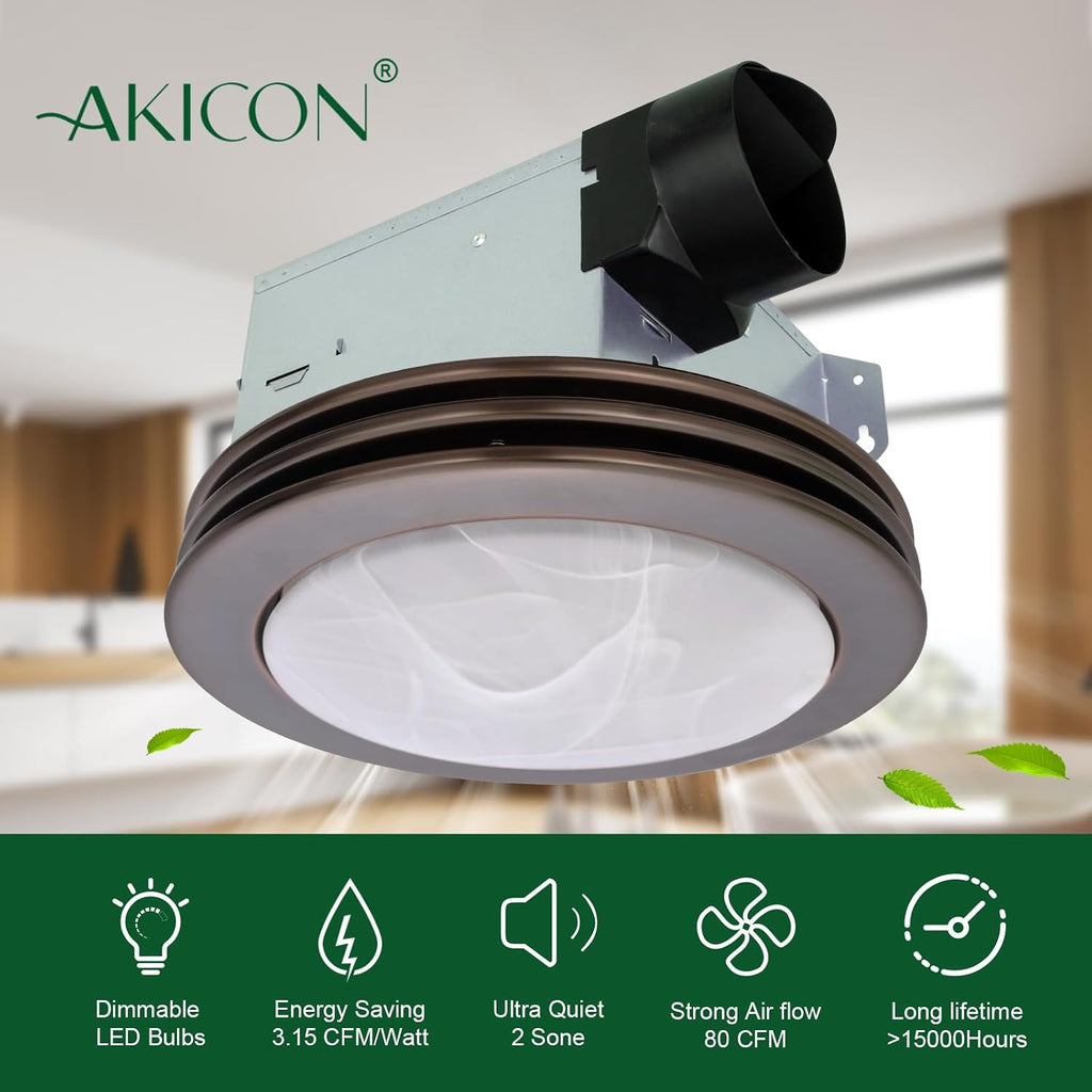 Akicon Exhaust Fan with Light, Ultra Quiet 80 CFM 2.0 Sones Ventilation Exhaust Bathroom Fan with Light, 3000K/4000K/5000K Selectable LED Light (Oil Rubbed Bronze)