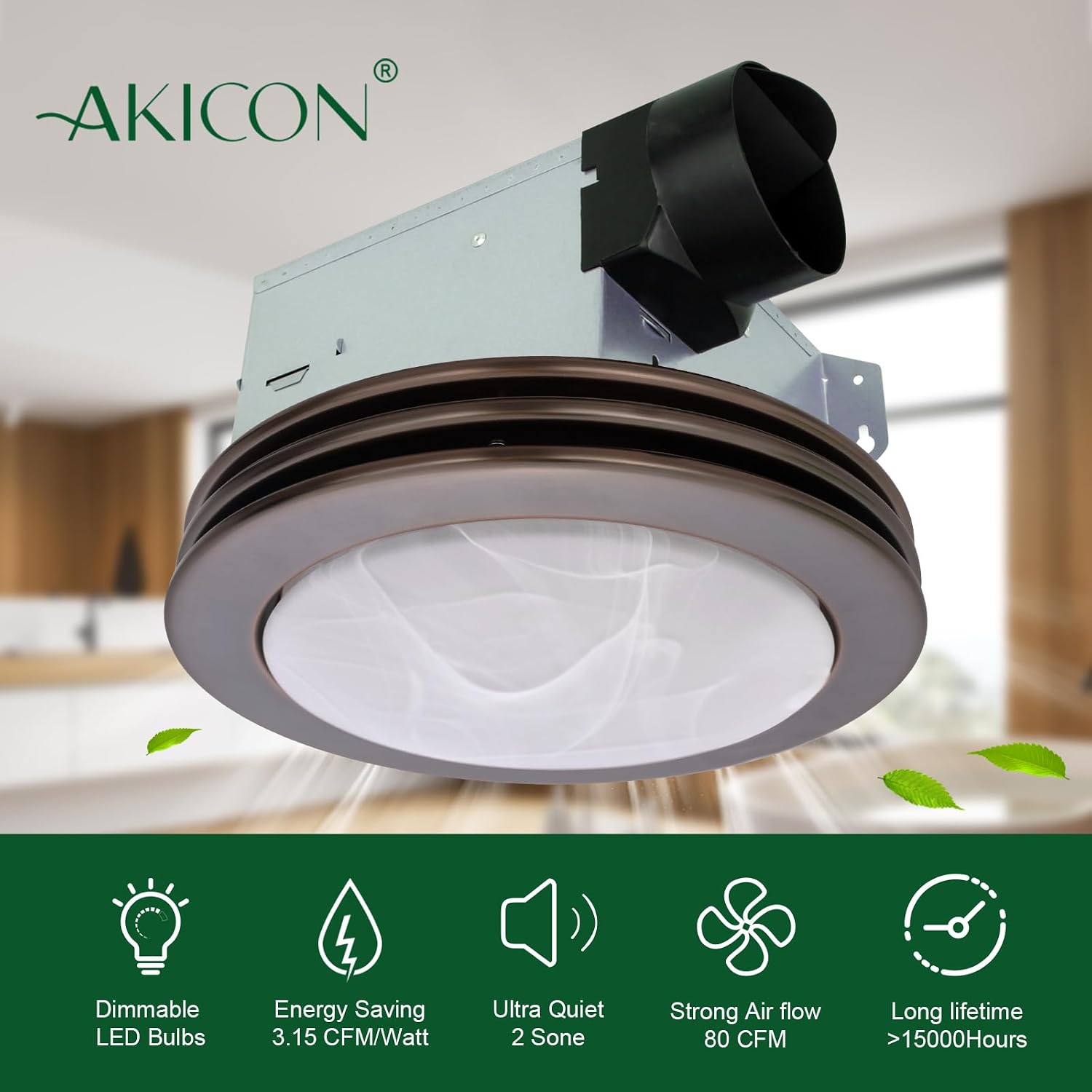 Akicon Exhaust Fan with Light, Ultra Quiet 80 CFM 2.0 Sones Ventilation Exhaust Bathroom Fan with Light, 3000K/4000K/5000K Selectable LED Light (Oil Rubbed Bronze)