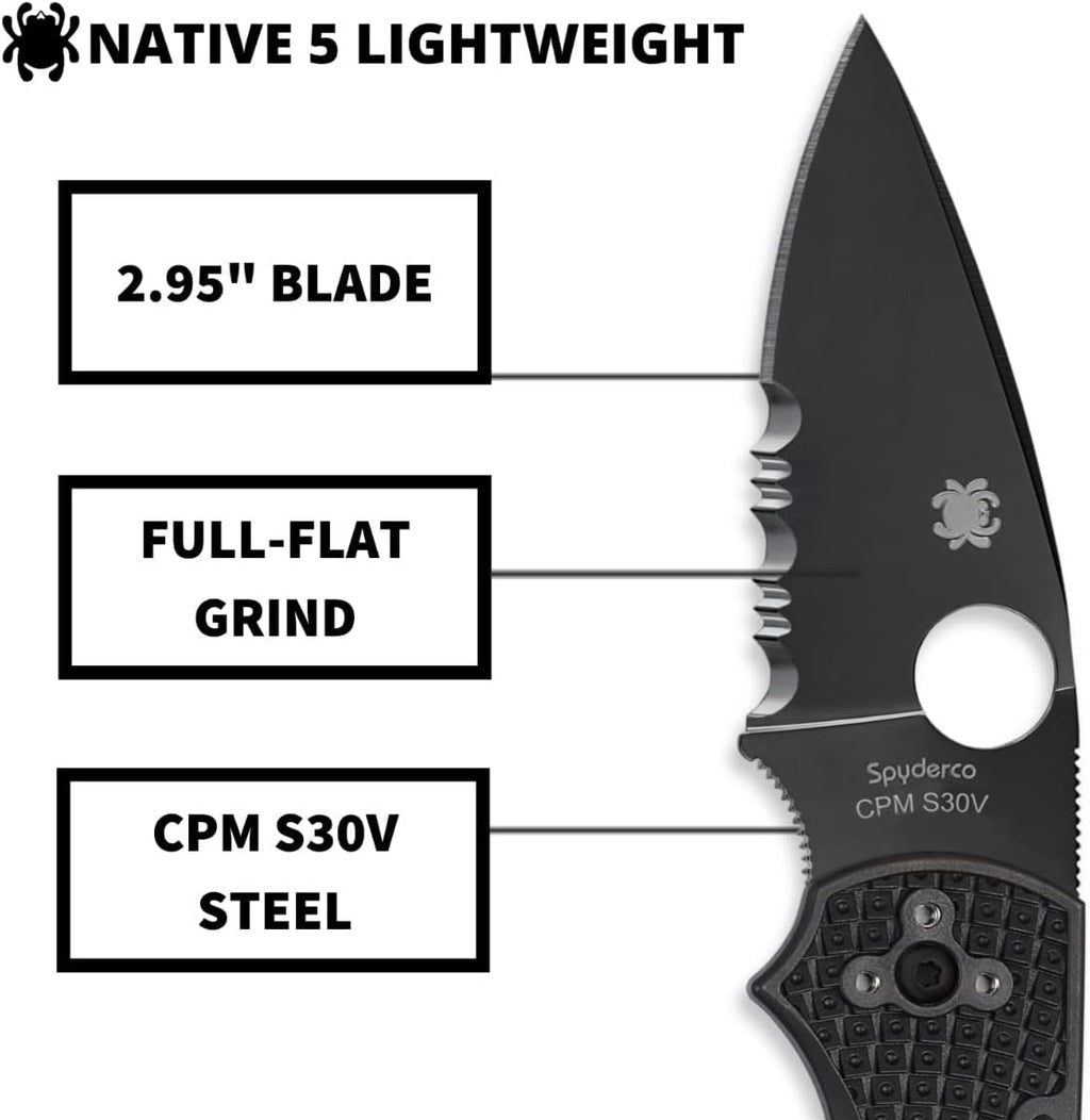 Spyderco Native 5 Signature Knife with 2.95' CPM S30V Black Steel Blade and Black FRN Handle - CombinationEdge - C41PSBBK5