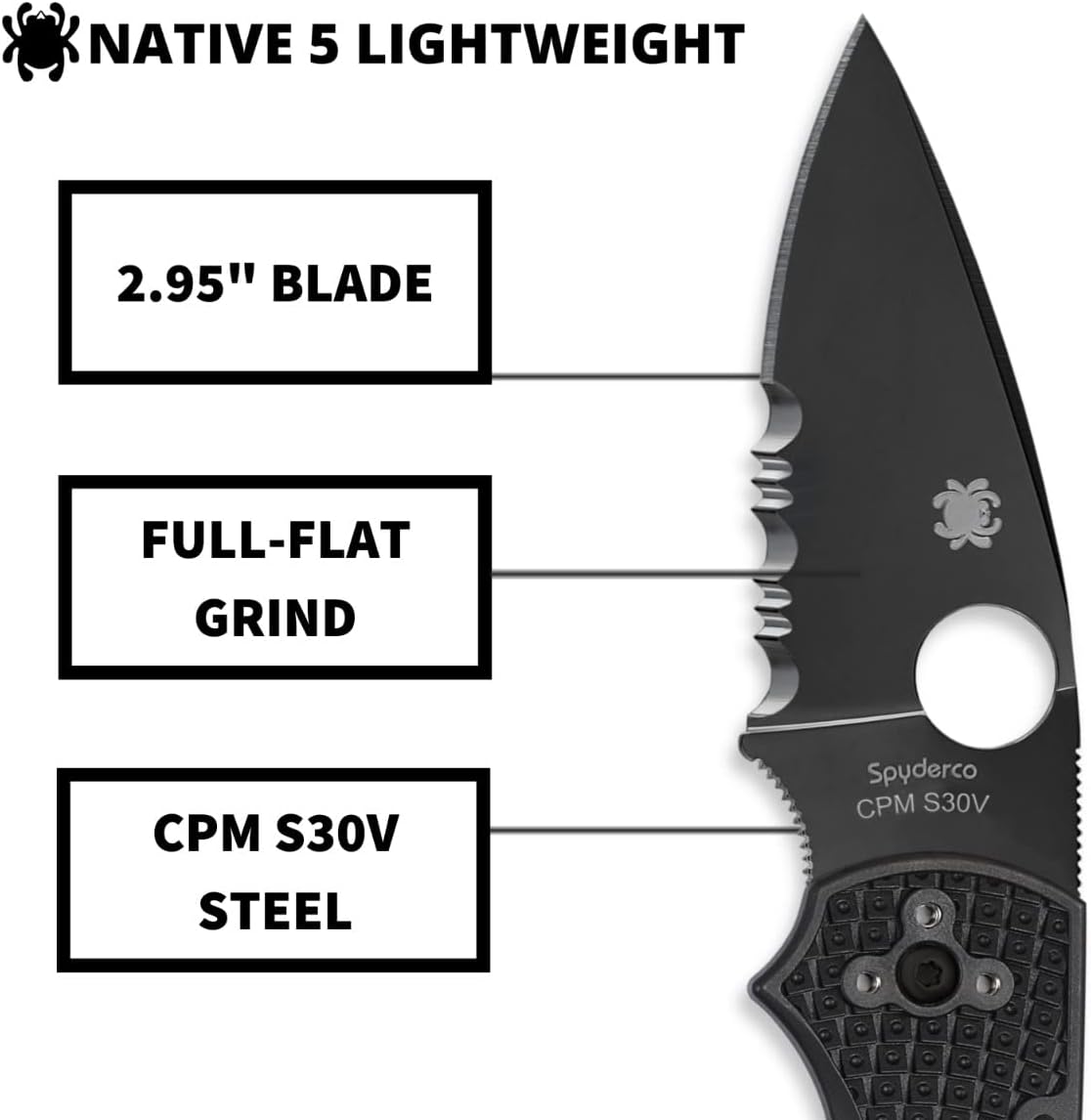 Spyderco Native 5 Signature Knife with 2.95' CPM S30V Black Steel Blade and Black FRN Handle - CombinationEdge - C41PSBBK5