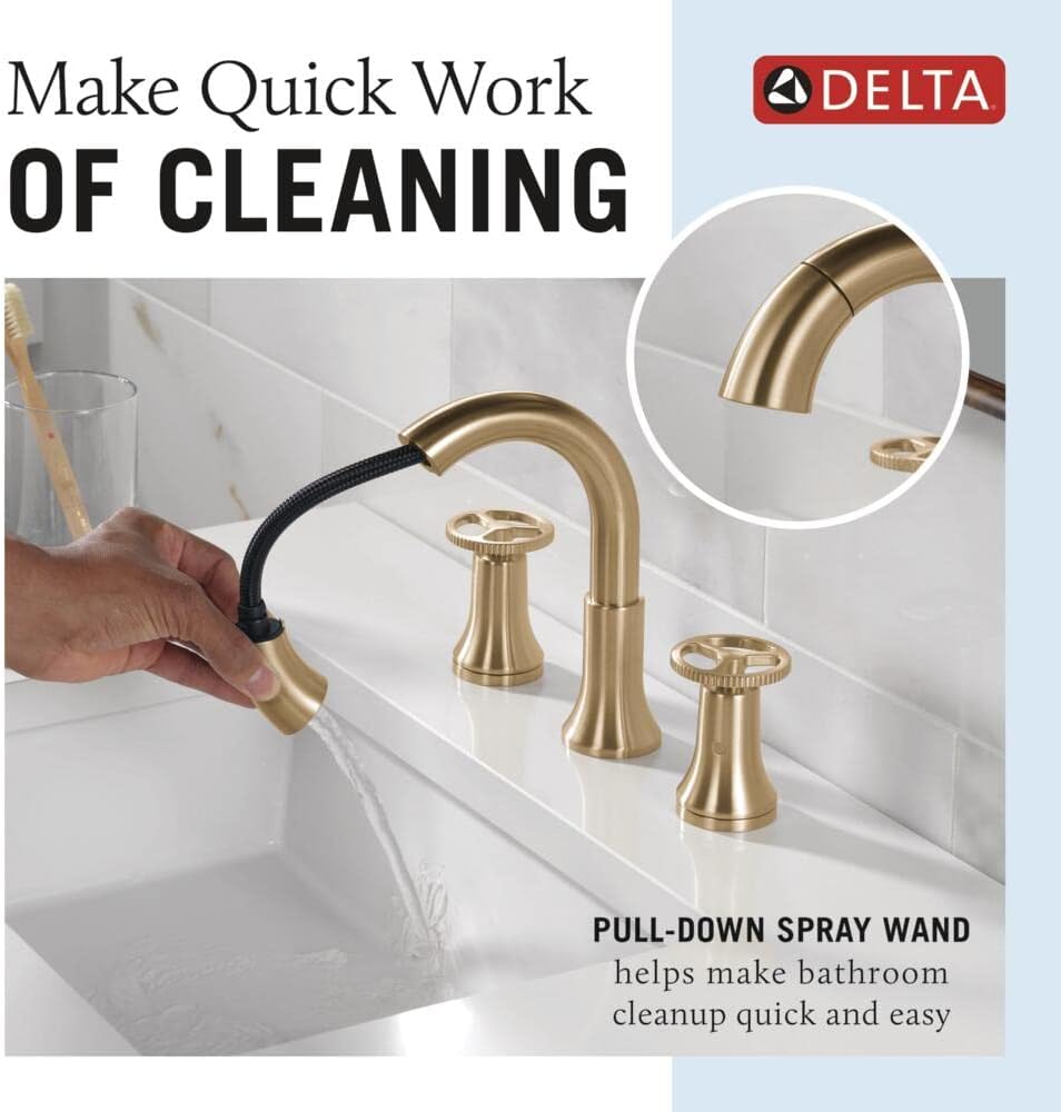 Delta Faucet Trinsic Pull Down Bathroom Faucet, Bathroom Pull Out Faucet, Gold Widespread Bathroom Faucet 3 Hole Pull Down, Bathroom Sink Faucet with Magnetic Docking, Champagne Bronze 3558-CZPD-DST