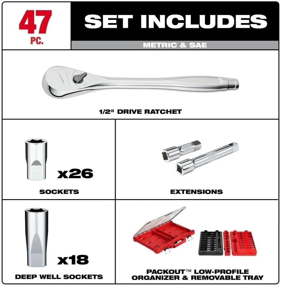 47PC 48-22-9487 for Milwaukee 1/2' Drive Ratchet & Socket Set with PACKOUT Organizer