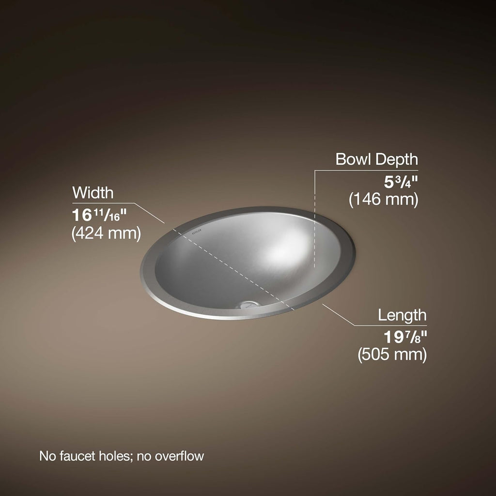 KOHLER K-2608-SU-NA Bachata Drop-In/Undermount Bathroom Sink with Luster Finish, Without Overflow, Stainless Steel