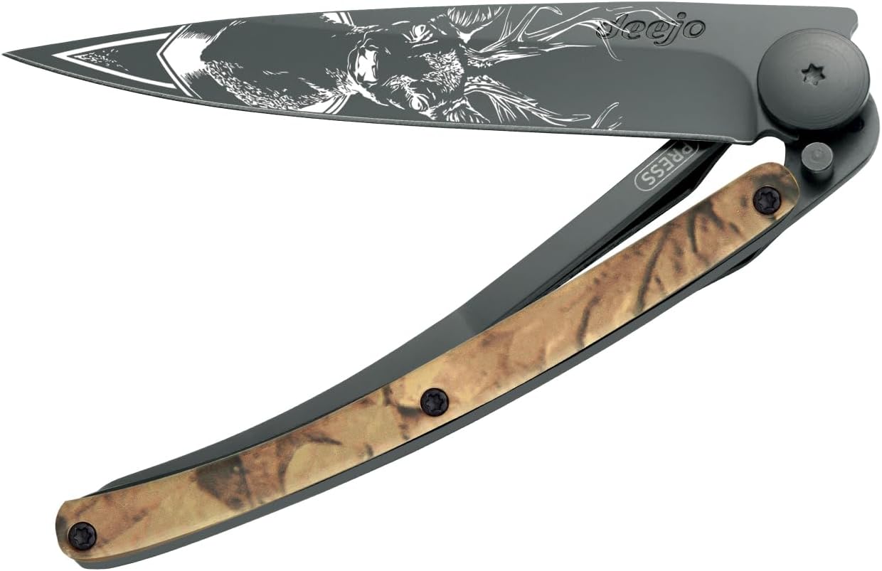 deejo - 37G Folding Pocket Knife with Belt Clip - Deer Design, 3.7-Inch Stainless Steel Blade, Brown Camo Handle - Lightweight Everyday Carry for Home, Work, and Outdoor Use