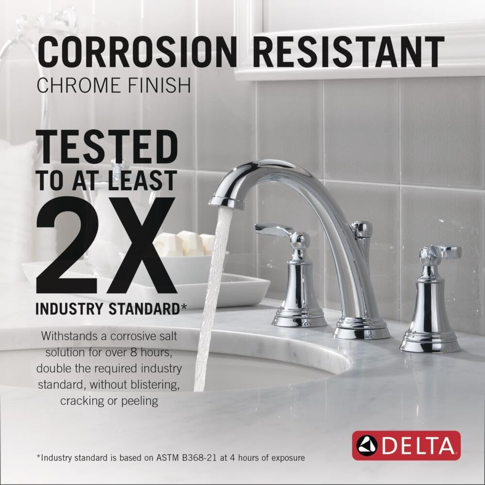 Delta Woodhurst Chrome Bathroom Faucet 3 Hole, 8 Inch Widespread Bathroom Sink Faucet for Vanity, Metal Push-Pop Drain Assembly, Chrome 3532LF