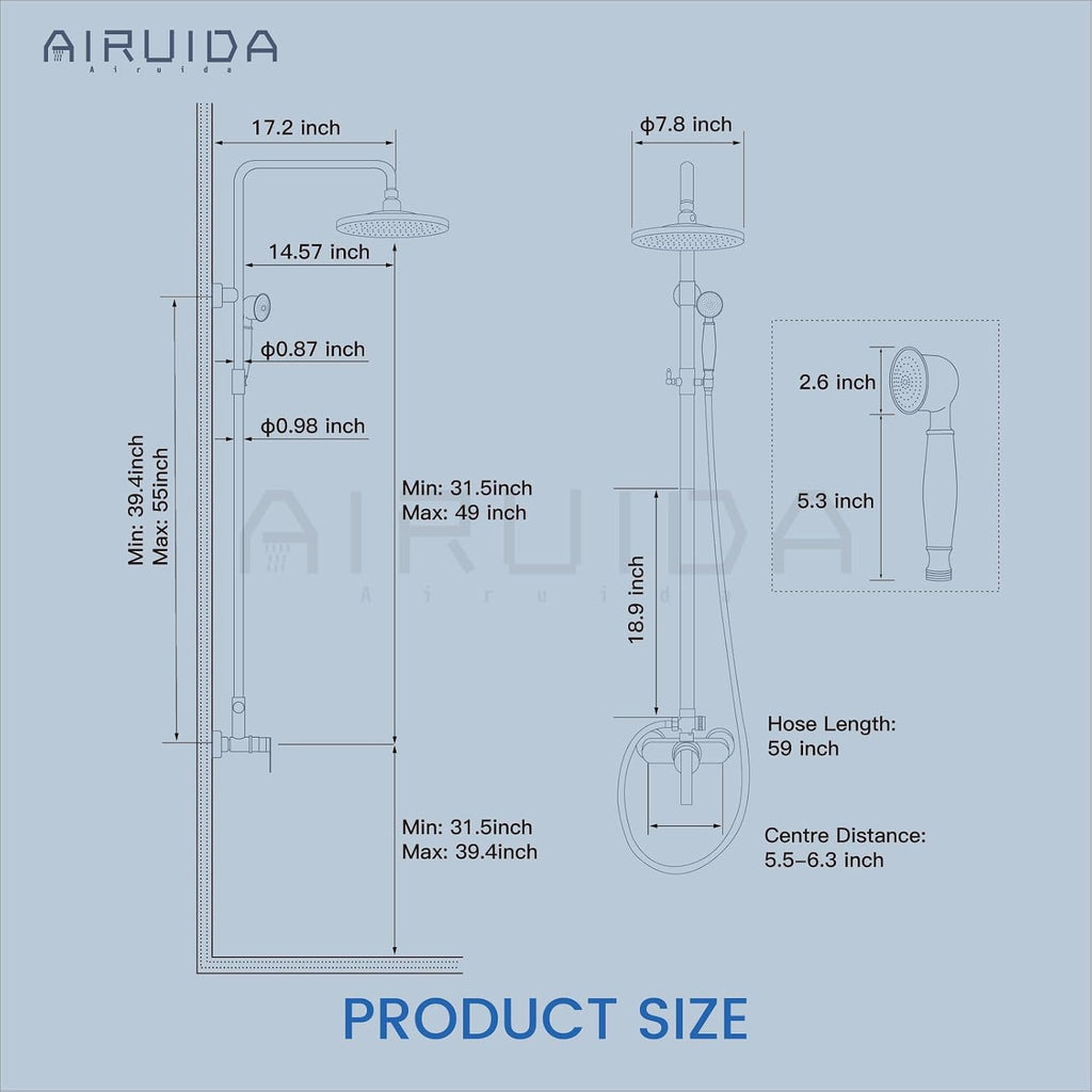 Airuida Exposed Shower System, 8 Inch Rainfall Shower Head with Handheld Spray, Single Handle Wall Mount Shower Faucet Set, Solid Brass Dual Function Exposed Pipe Fixture for Bathroom,Antique Brass