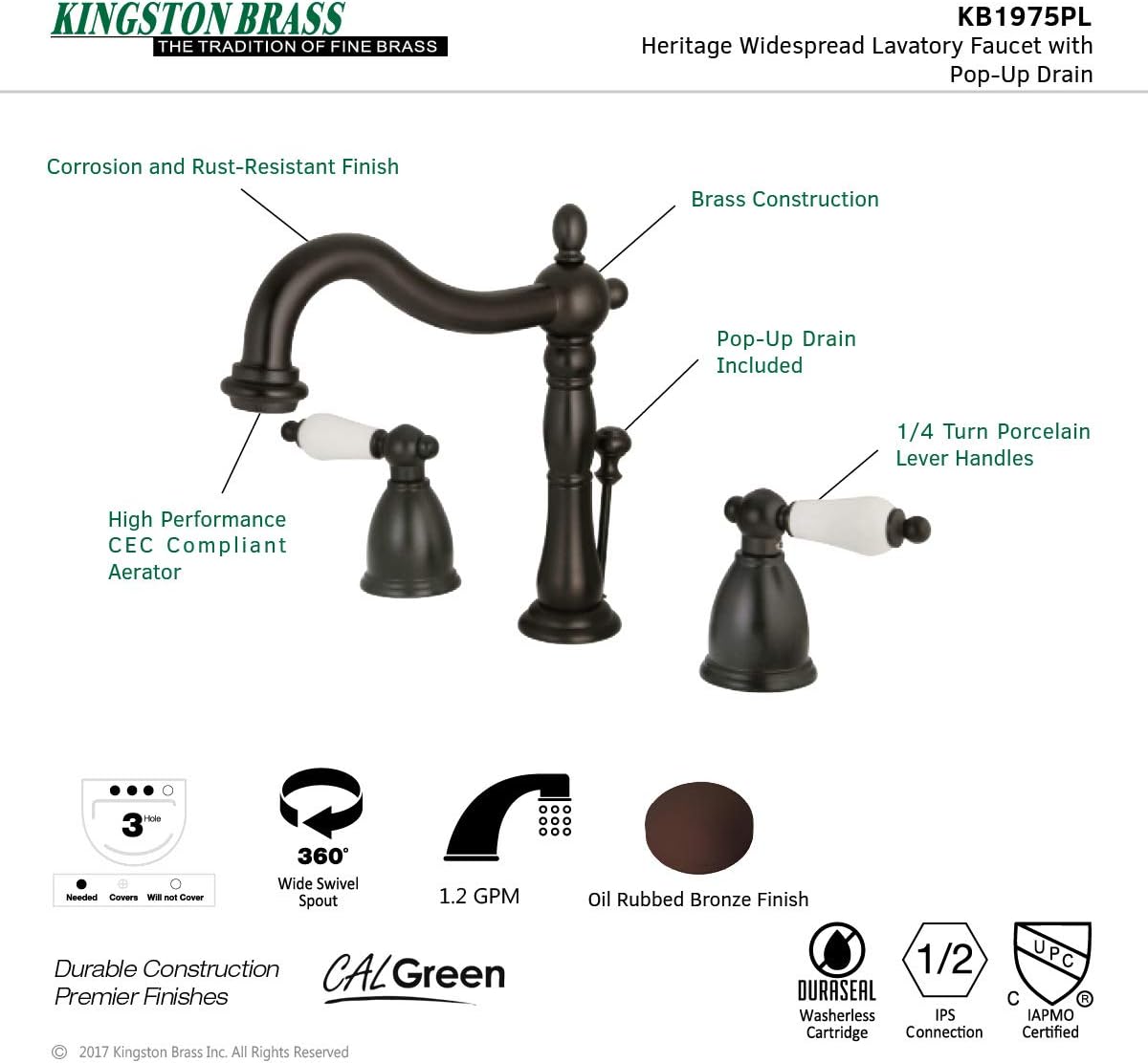 Kingston Brass KB1975PL Heritage Widespread Lavatory Faucet with Porcelain Lever Handle, Oil Rubbed Bronze