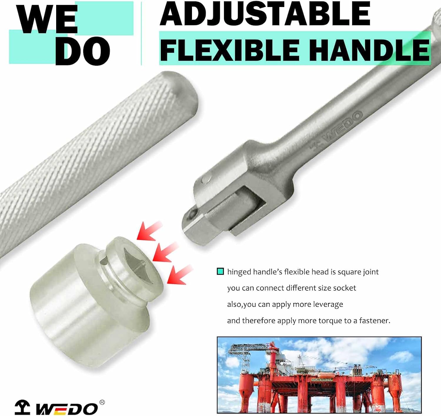 WEDO 1/2' Drive Titanium Square Flexible Handle Socket wrench, Extension Breaker Bar, Breaker Bar, Length 250mm,Engraved Non-slip Handle, Driver Head Conversion is Convenient for Multi-angle Use
