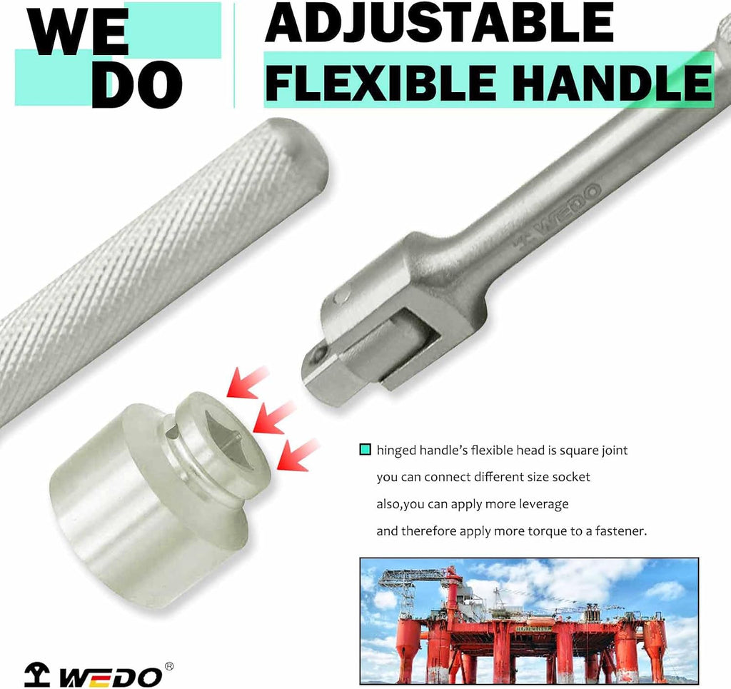 WEDO 3/8' Drive Titanium Square Flexible Handle Socket Wrench, Extension Breaker Bar, Breaker Bar, Length 190mm,Engraved Non-slip Handle, Driver Head Conversion is Convenient for Multi-angle Use