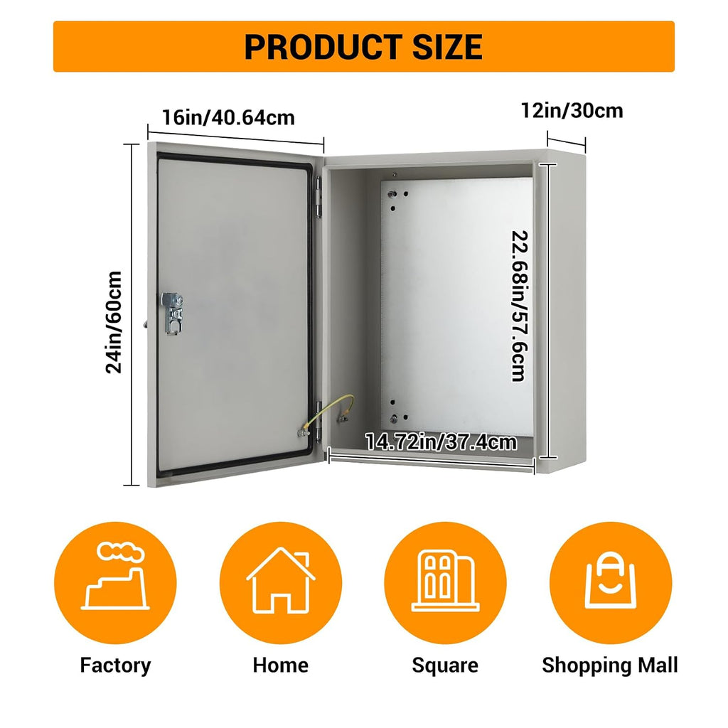 Outdoor Electric Meter Box 24 * 16 * 12inch, IP66 Waterproof Dustproof, NEMA 4X Enclosure Lockable Steel Junction Box with Mounting Plate and 2 Keys, Indoor & Outdoor Use