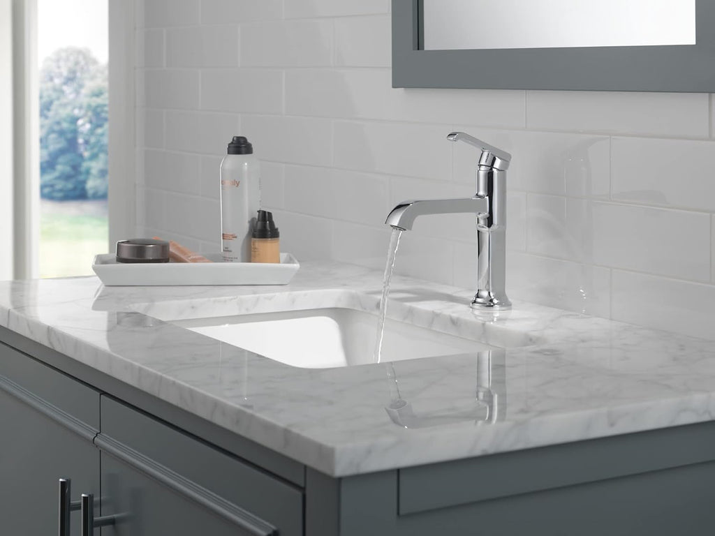 Delta Tetra Chrome Bathroom Faucet 1 Hole, Single Hole Bathroom Sink Faucet for Vanity, Metal Push-Pop Drain Assembly, Lumicoat Chrome 589-PR-DST
