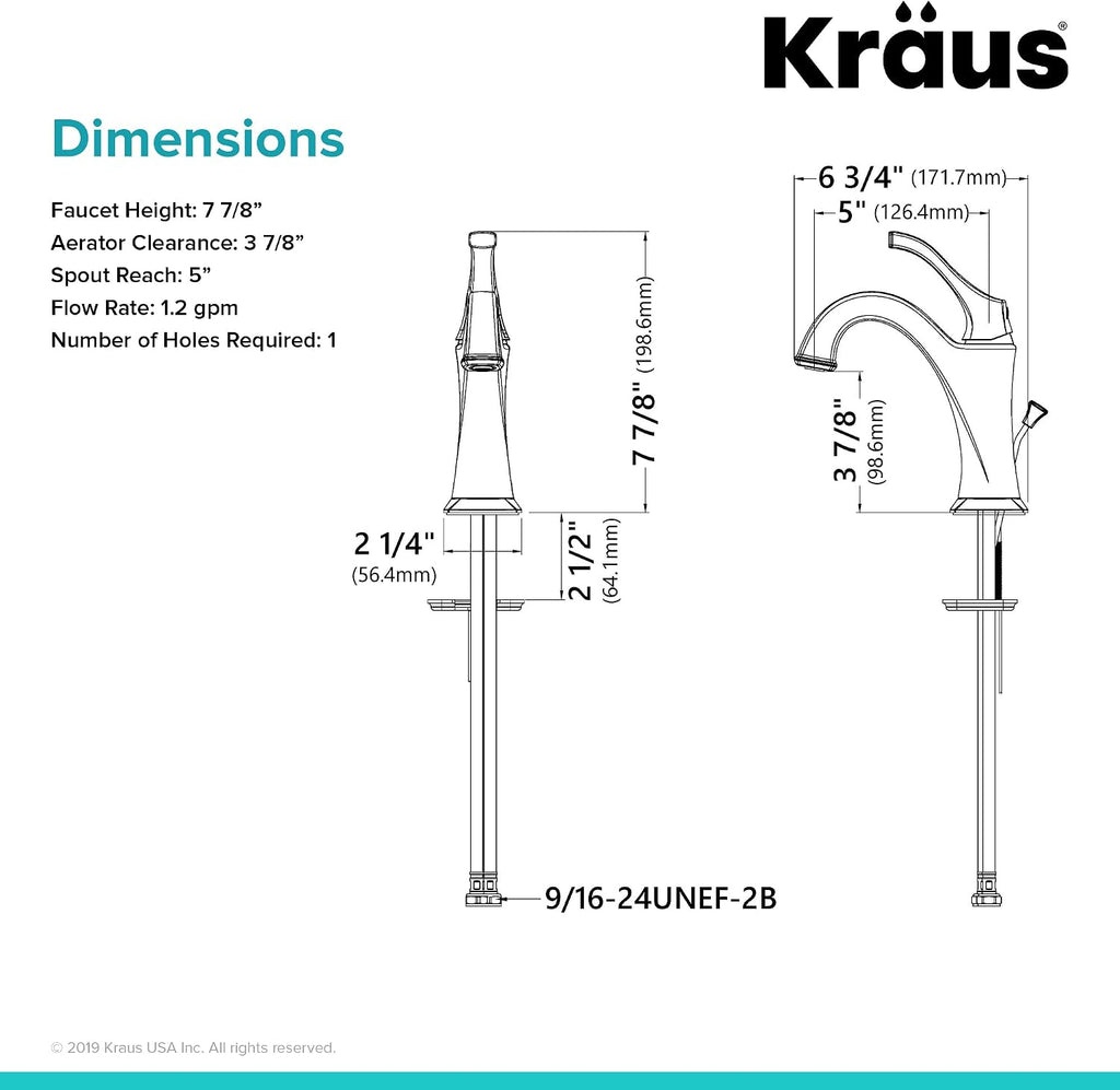 KRAUS KBF-1201CH Arlo Single Handle Basin Bathroom Faucet with Lift Rod Drain and Deck Plate, Chrome