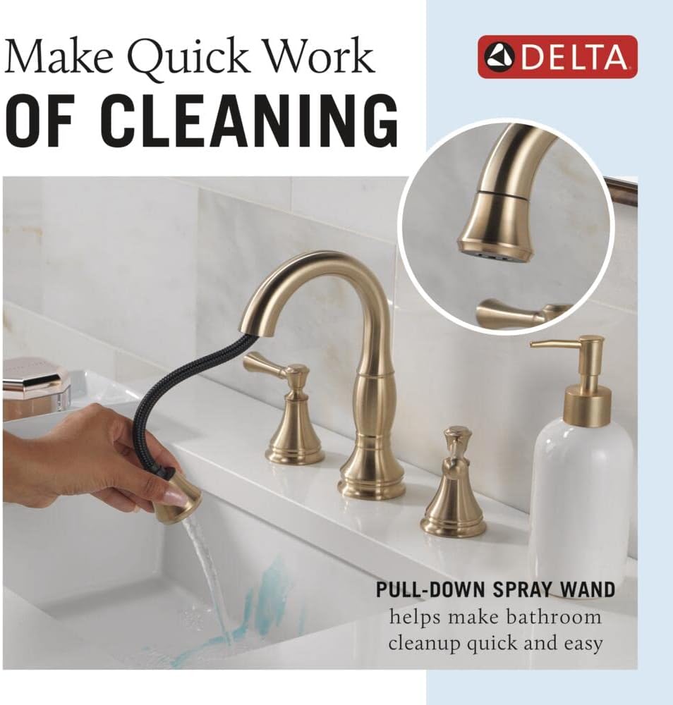 Delta Faucet Cassidy Pull Down Bathroom Faucet, Bathroom Pull Out Faucet, Gold Widespread Bathroom Faucet 3 Hole Pull Down, Bathroom Sink Faucet with Magnetic Docking, Champagne Bronze 3597-CZPD-DST