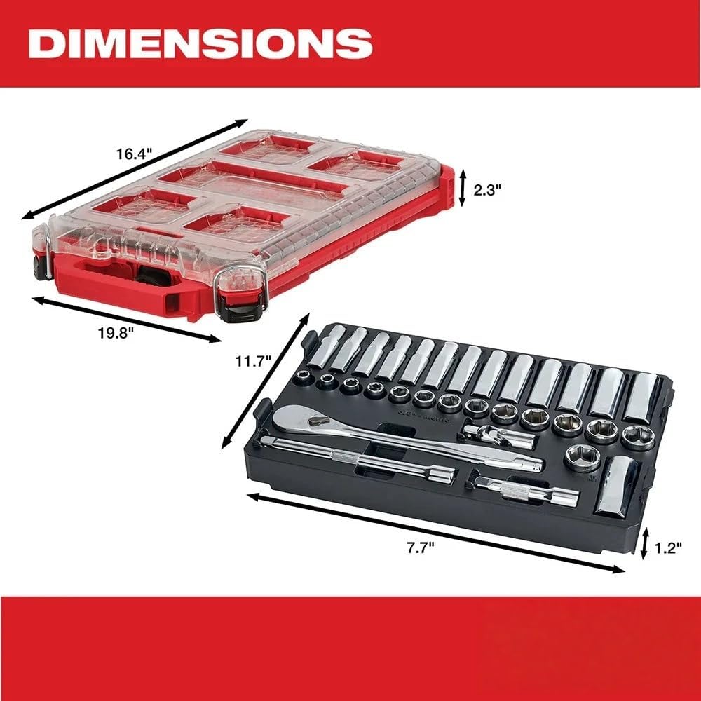 32PC 48-22-9482 for Milwaukee 3/8' Drive Ratchet & Socket Set with PACKOUT Organizer - Silver