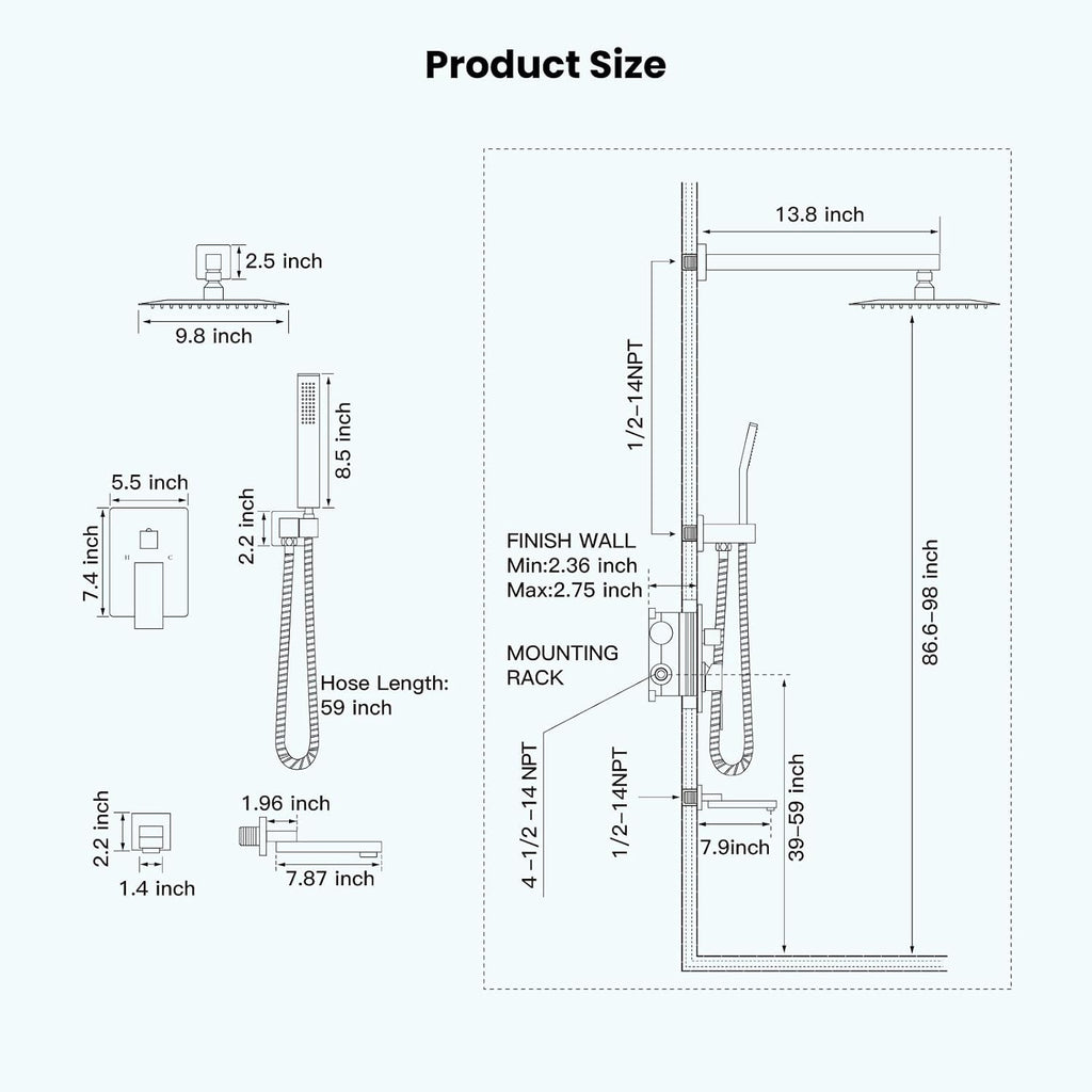 gotonovo Rainfall Tub Shower Faucet Set Bathroom Shower System with Tub Spout Wall Mount Square High Pressure Shower Fixtures with Handheld Sprayer Rough-In Valve 10'' Shower Head,Brushed Nickel