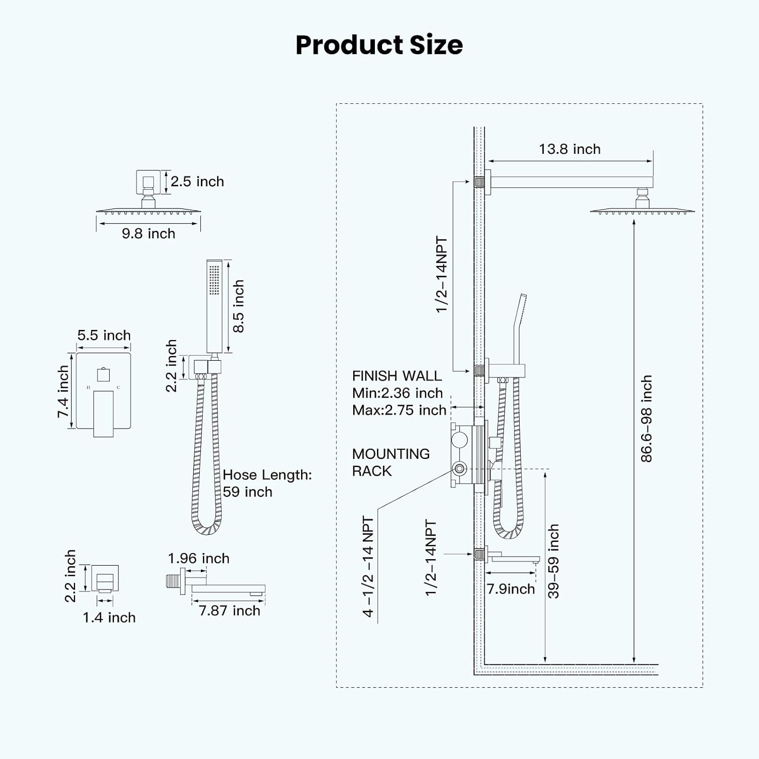 gotonovo Rainfall Tub Shower Faucet Set Bathroom Shower System with Tub Spout Wall Mount Square High Pressure Shower Fixtures with Handheld Sprayer Rough-In Valve 10'' Shower Head,Brushed Nickel