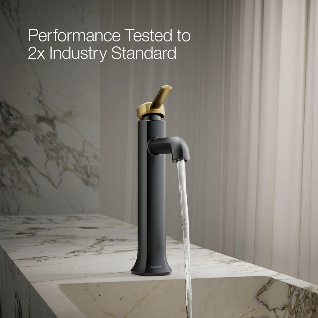 KOHLER 27003-4N-BMB Occasion Tall Single-Handle Bathroom Faucet with Pop-Up Drain Assembly, One Hole Bathroom Sink Faucet, 0.5 gpm, Matte Black with Moderne Brass
