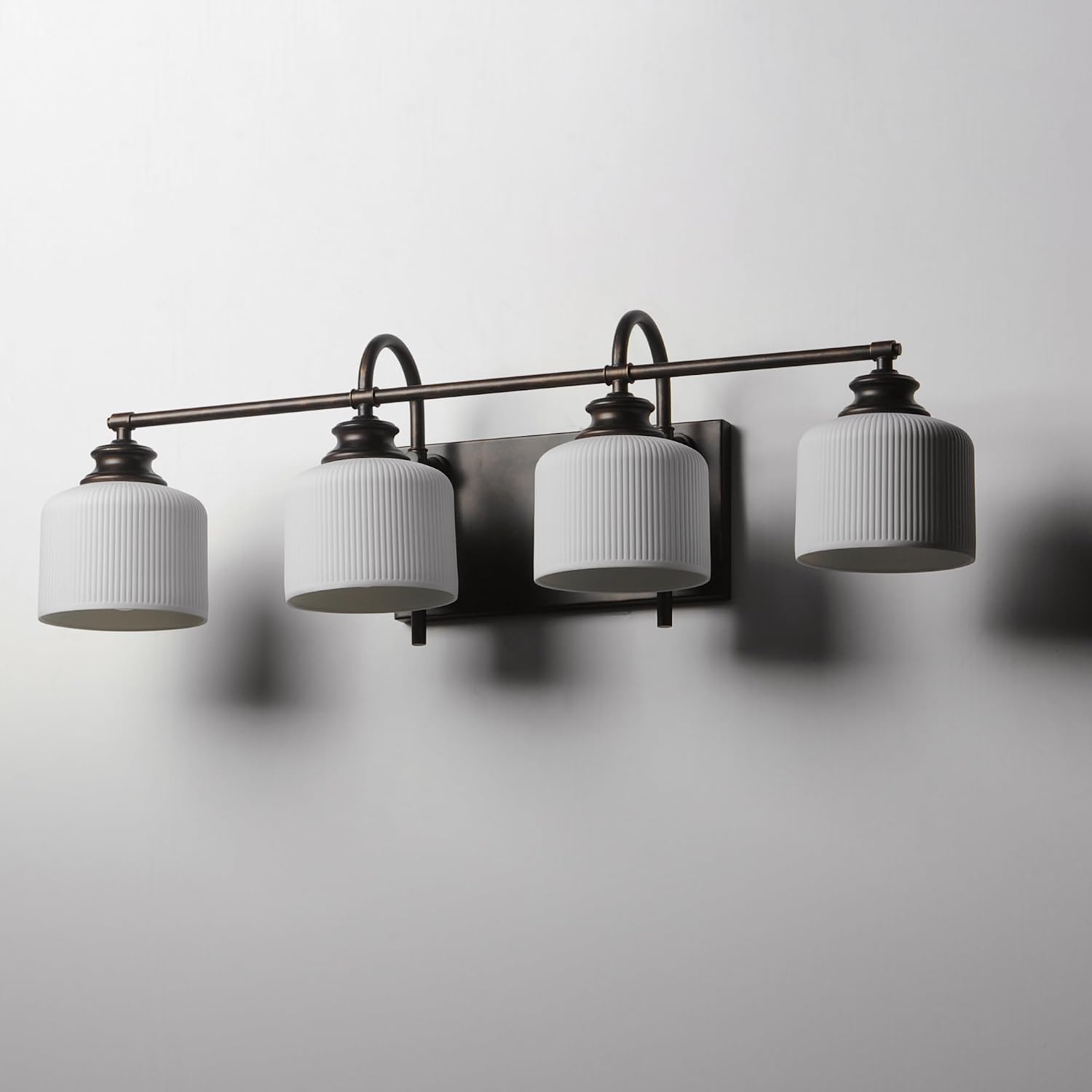 Maxim Lighting Bisque 4-Light Bath Vanity Light | Polished Nickel Steel Finish | White Glass Shade | Modern Indoor Light Fixture | Ideal for Bathrooms & Powder Rooms | Dimmable Damp Rated | 21494WTPN