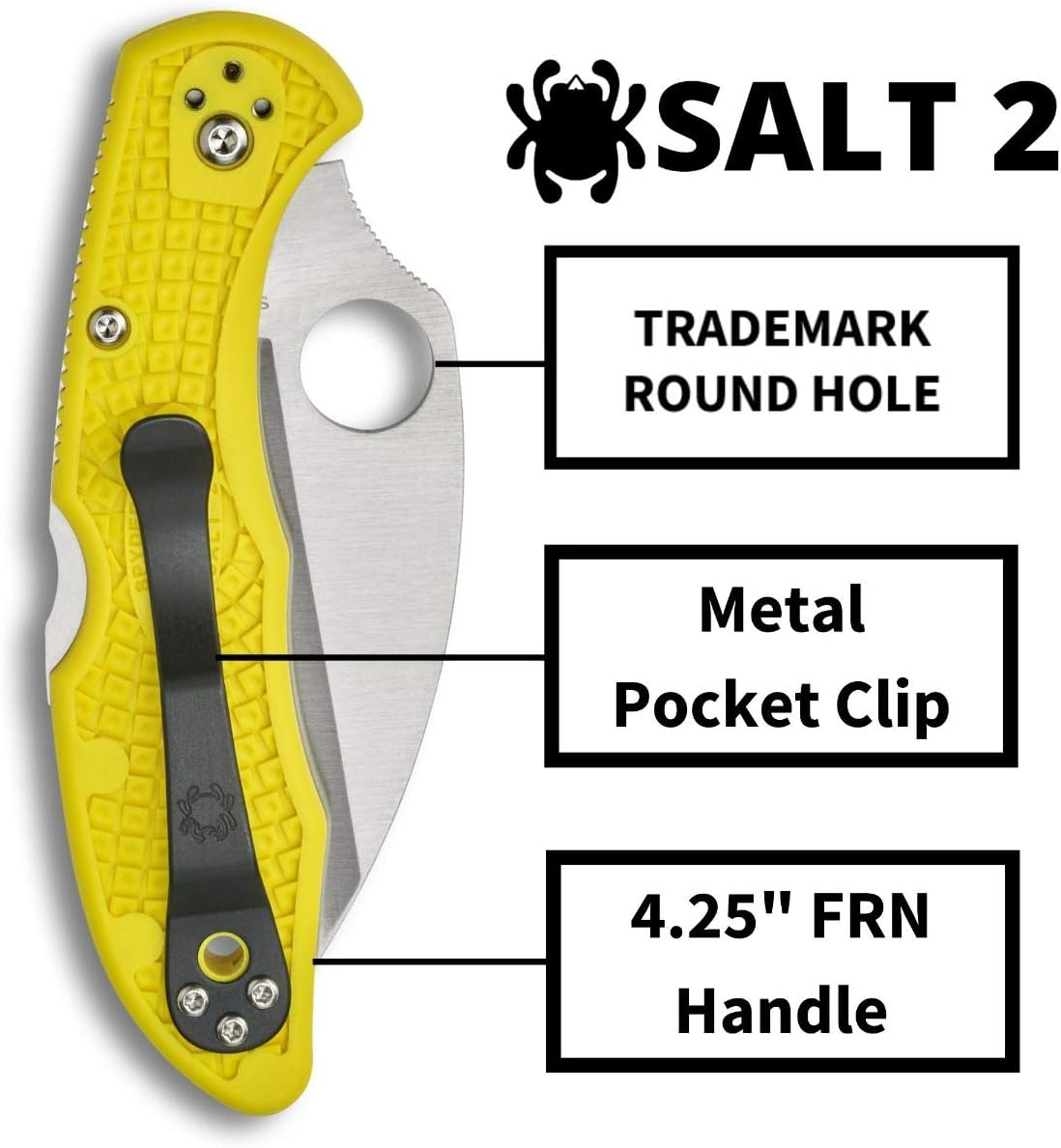 Spyderco Salt 2 Wharncliffe Knife with 2.9' H-1 Ultra-Corrosion Resistant Steel Blade and Lightweight Yellow FRN Handle - SpyderEdge - C88SWCYL2